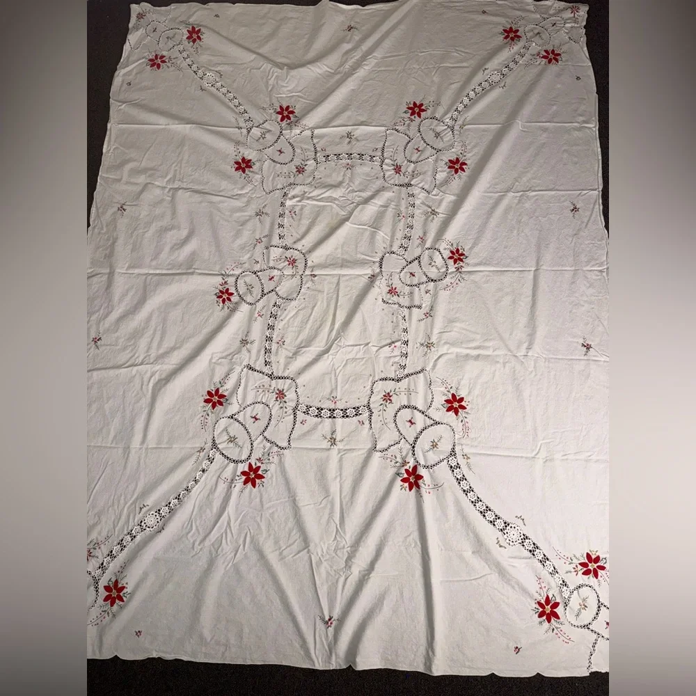 White‎ Floral Embroidered Eyelet Lace 80X60 Cotton Tablecloth Cottagecore